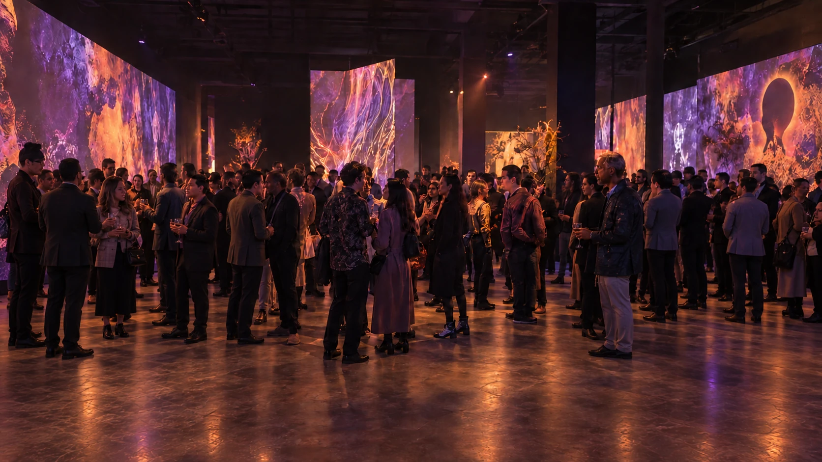 Guests gathered in a gallery hall lit by projected artwork